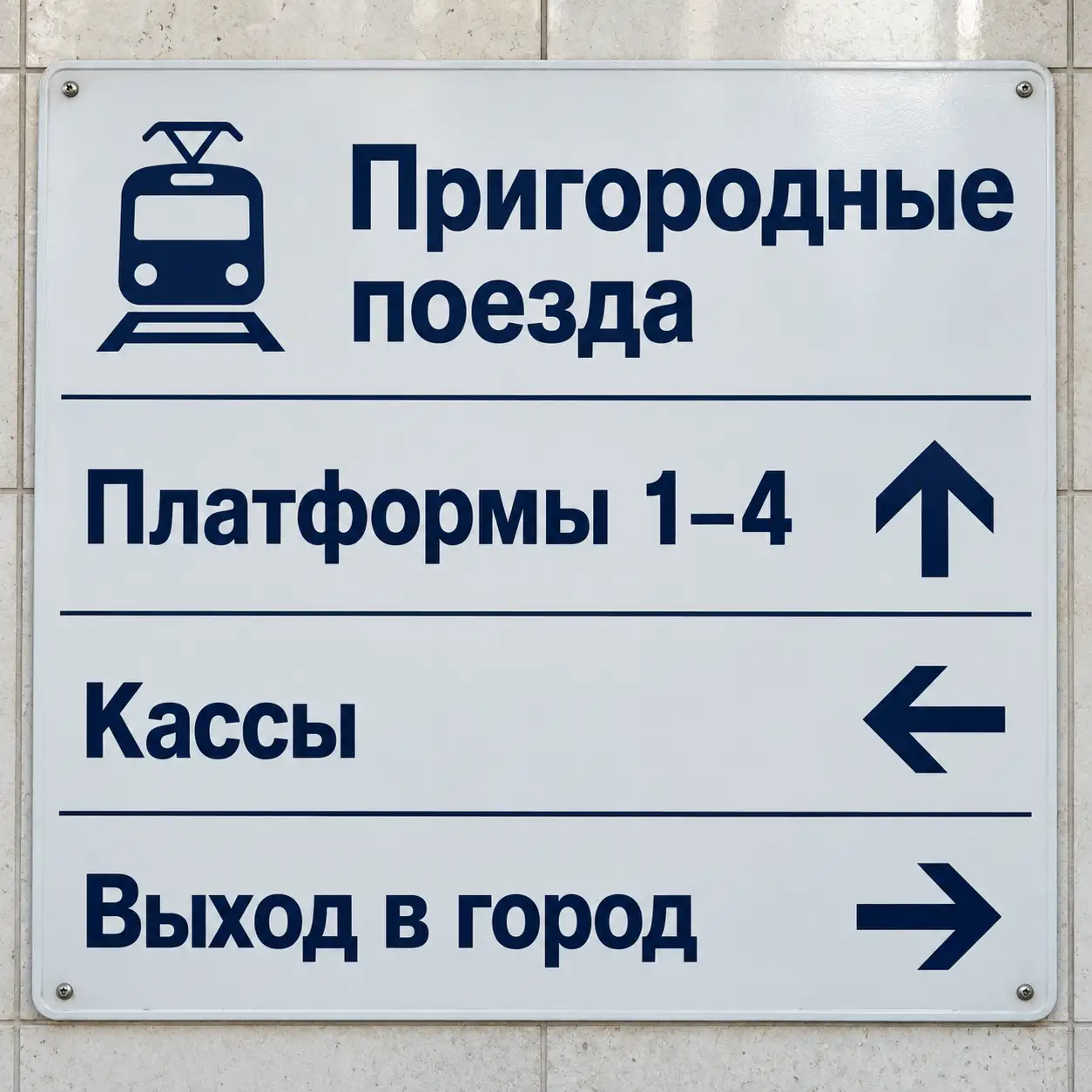 A Russian station sign displays platform numbers, ticket office directions, and exit arrows before image translation, showing a practical photo translator example for the image translator.