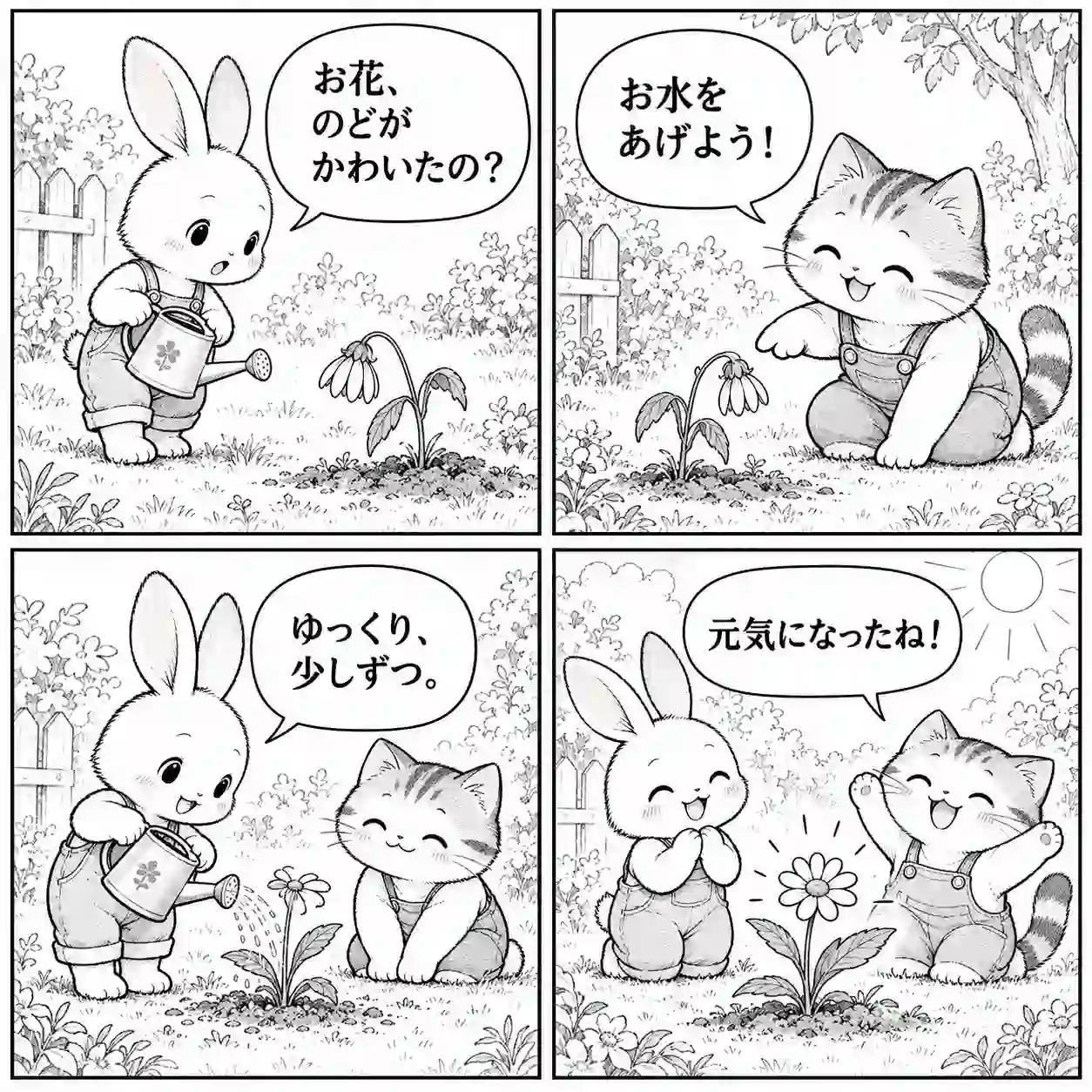 A Japanese comic shows a rabbit and cat caring for a flower before image translation, with speech bubbles and illustrations prepared for the ai image translator.