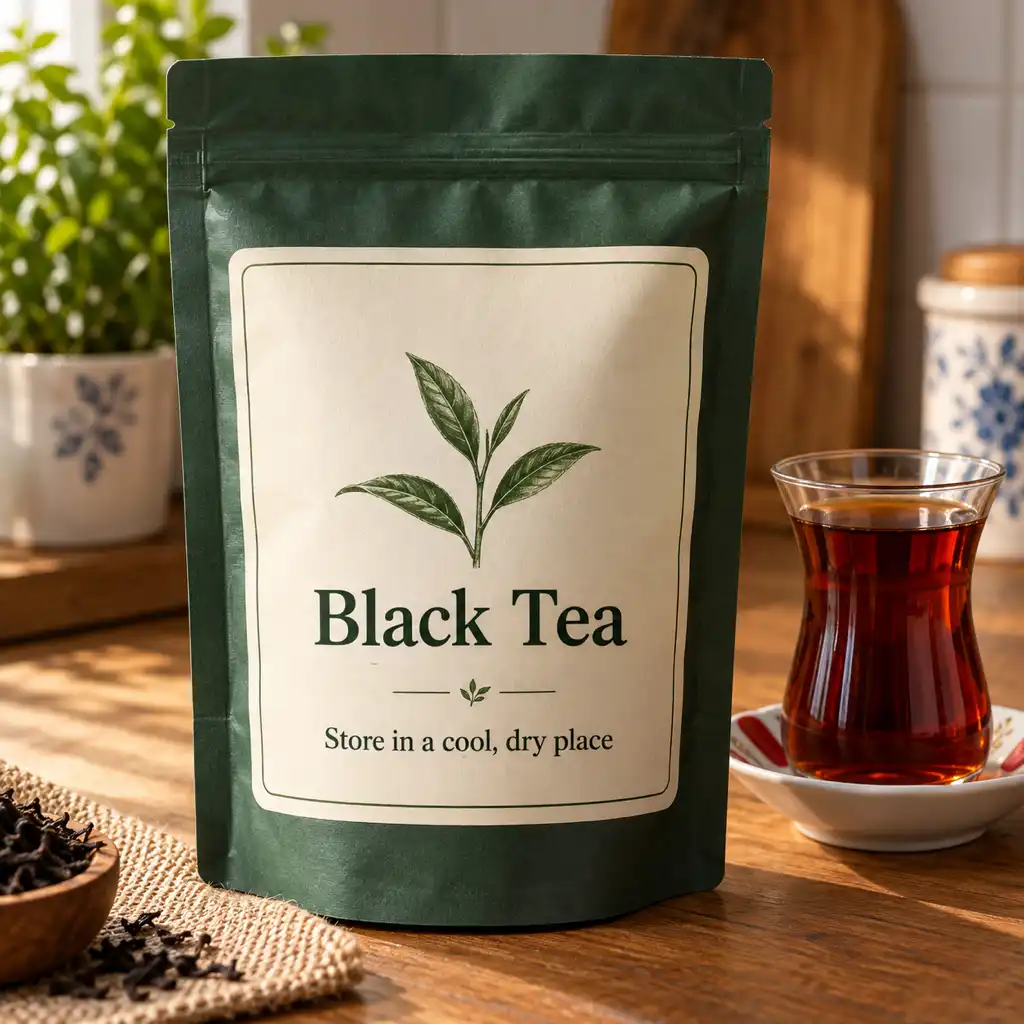 English black tea packaging demonstrates image translation by the image translator, retaining the label design and product photograph when users translate text in image packaging.
