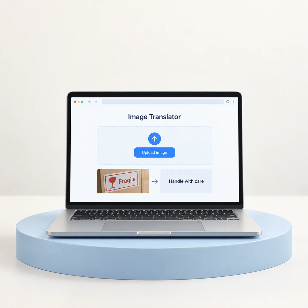 A laptop on a blue display platform shows the image translator upload interface and a translated package label, introducing image translation through an accessible picture translator workspace.