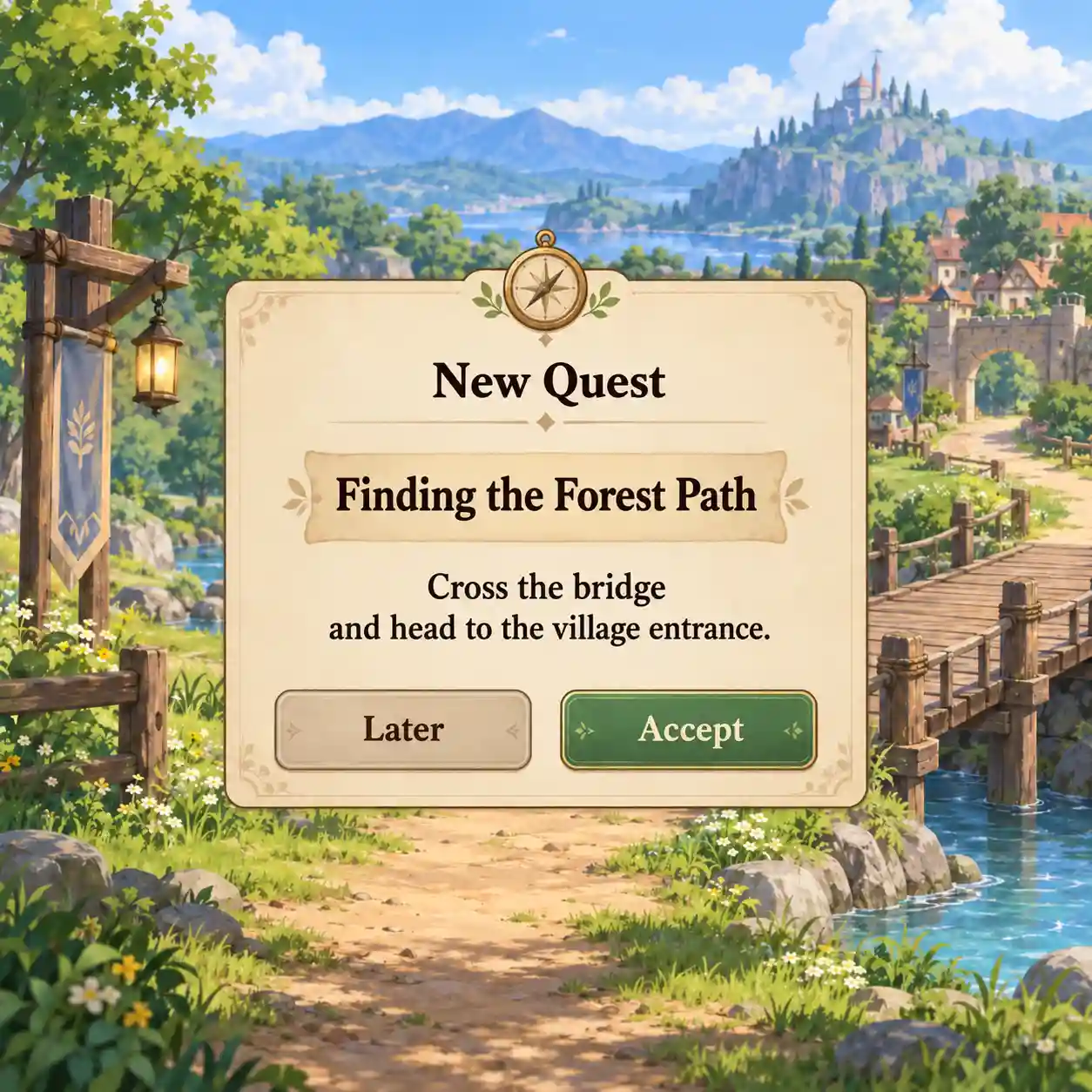 An English fantasy game quest screen demonstrates image translation from the image translator, with translated dialogue and action buttons preserved by the ai image translator.