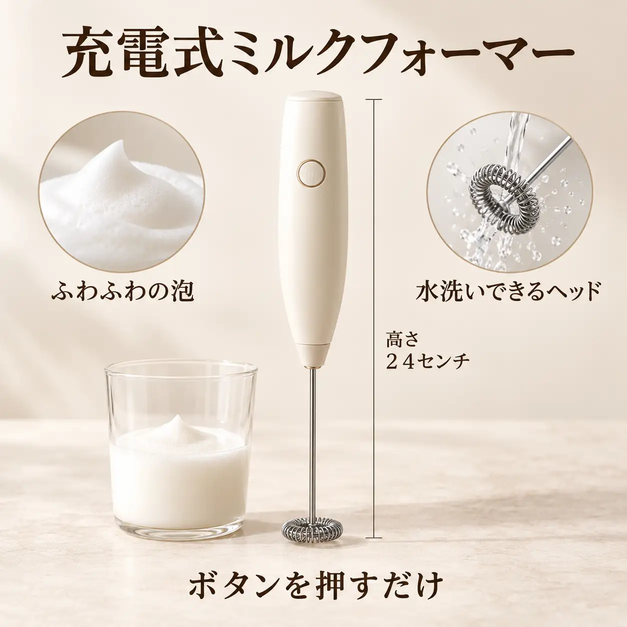 A Japanese milk frother advertisement shows product features, measurements, and illustrations before image translation, ready for the image translator to translate text in image advertisements.