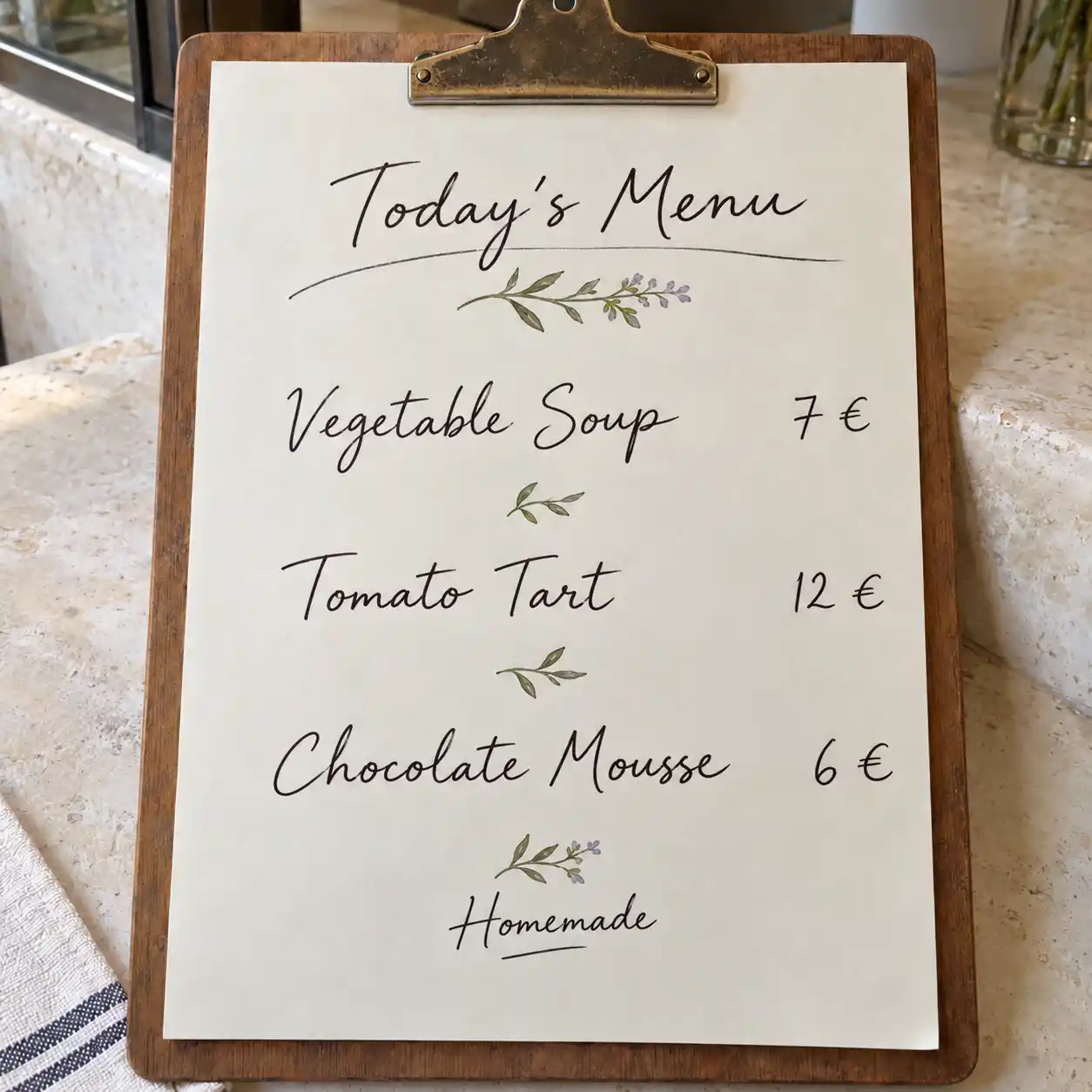 An English café menu demonstrates image translation with the image translator, preserving handwritten lettering, dish prices, and the photographed setting in this picture translator example.