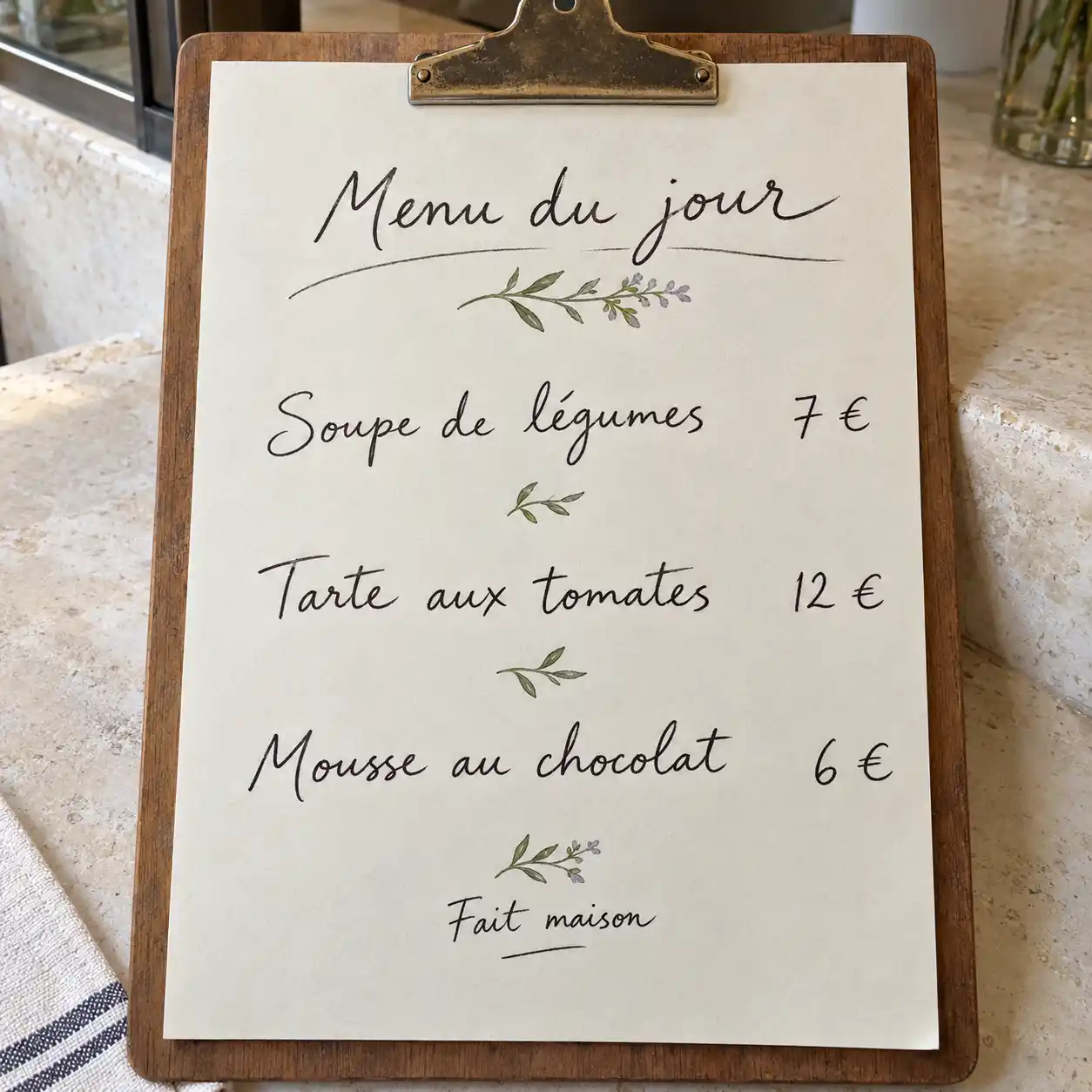 A handwritten French café menu lists dishes and prices before image translation, providing a photo translator example for the image translator to interpret text within photographs.